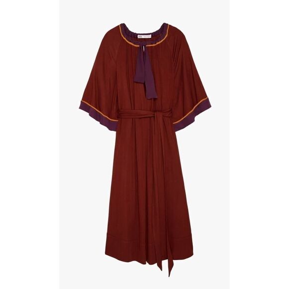 Zara Limited Edition Dress Wine Belted Slit - Picture 2 of 6